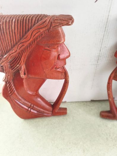 Vintage Wooden Carved Native American Man and Woman Heads w Pipes Wall Art