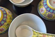 Vintage Chinese Yellow Mun Shou Longevity Bowls &amp; Spoons Set (6 Pcs)