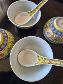 Vintage Chinese Yellow Mun Shou Longevity Bowls & Spoons Set (6 Pcs)