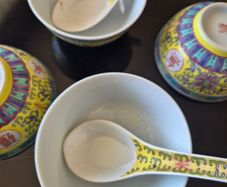 Vintage Chinese Yellow Mun Shou Longevity Bowls & Spoons Set (6 Pcs)