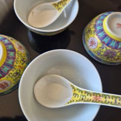 Vintage Chinese Yellow Mun Shou Longevity Bowls & Spoons Set (6 Pcs)