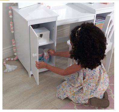 Wooden Vanity and Chair with Mirror and Storage Kids Children's Playroom/Bedroom Furniture