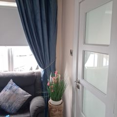 teal curtains
