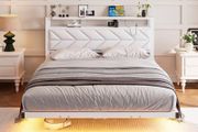 4ft6 Floating Double Bed Frame Upholstered Platform Bed with Storage Shelf Headboard,Charging Station/LED Lights,Metal Slat Support/Noise Free,No Box Spring Needed,135x190 Double Size,White