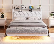 4ft6 Floating Double Bed Frame Upholstered Platform Bed with Storage Shelf Headboard,Charging Station/LED Lights,Metal Slat Support/Noise Free,No Box Spring Needed,135x190 Double Size,White