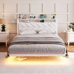 4ft6 Floating Double Bed Frame Upholstered Platform Bed with Storage Shelf Headboard,Charging Station/LED Lights,Metal Slat Support/Noise Free,No Box Spring Needed,135x190 Double Size,White