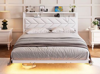 4ft6 Floating Double Bed Frame Upholstered Platform Bed with Storage Shelf Headboard,Charging Station/LED Lights,Metal Slat Support/Noise Free,No Box Spring Needed,135x190 Double Size,White