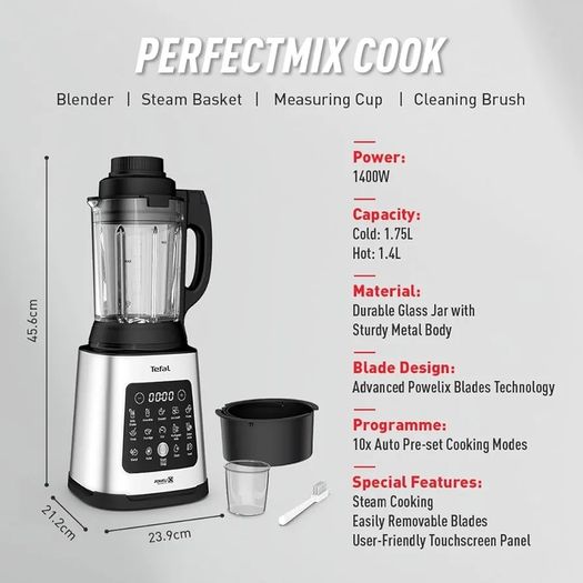 Blender & Soup Maker Perfectmix Cook, 2L, 10 Auto Programs, Smoothie Maker, Removable Blades, Cleaning Program & Brush, Glass Jug, Tamper, Hot & Cold Kitchen Blender, Cooking