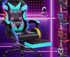 LED Gaming Chair with 8 Point Massage, Ergonomic Computer Office Chairs with Headrest, Lumbar Cushion, Footrest, RGB Light, High Back 150 Reclining, 360 Swivel, PU Leather, Cyan
