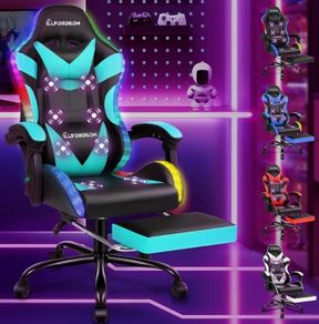 LED Gaming Chair with 8 Point Massage, Ergonomic Computer Office Chairs with Headrest, Lumbar Cushion, Footrest, RGB Light, High Back 150 Reclining, 360 Swivel, PU Leather, Cyan
