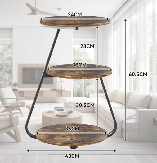 Small Round Coffee Table with 3 Color LED Lights, End Table with 3 Tier Storage Shelves, Bedside Sofa Side Tables for Living Room Bedroom, Rustic Brown