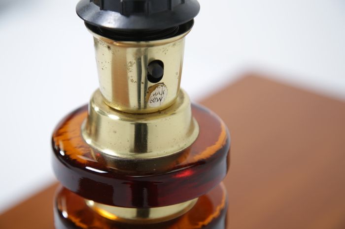Vintage Swedish Amber Glass & Brass Table Lamp by MAE Lighting, 1960s.