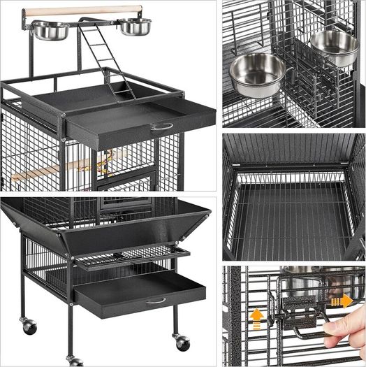 Large Aviary Cage for Parrots Inseparable Large with Pedestal Metal Wheels for Indoor Outdoor 65.5 x 65.5 x 156 cm Black