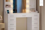 Large Dressing Table with Adjustable Led Light, Dressing Table with Mirror, Vanity with Sockets, 11 Drawers and 6 Jewelry Hooks, Includes Ring Storage, Suitable for Bedroom, White