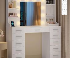 Large Dressing Table with Adjustable Led Light, Dressing Table with Mirror, Vanity with Sockets, 11 Drawers and 6 Jewelry Hooks, Includes Ring Storage, Suitable for Bedroom, White