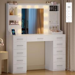 Large Dressing Table with Adjustable Led Light, Dressing Table with Mirror, Vanity with Sockets, 11 Drawers and 6 Jewelry Hooks, Includes Ring Storage, Suitable for Bedroom, White