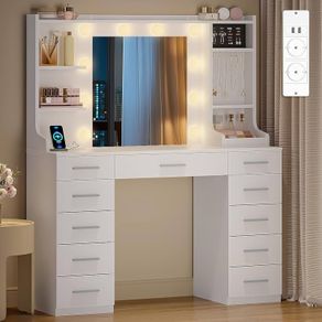 Large Dressing Table with Adjustable Led Light, Dressing Table with Mirror, Vanity with Sockets, 11 Drawers and 6 Jewelry Hooks, Includes Ring Storage, Suitable for Bedroom, White