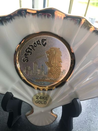 Chokin White Fan Shaped Dish Art of Chokin 24k Gold Edged Made in Japan