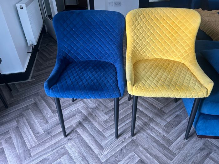4 velvet dining chairs - 2 blue and 2 yellow