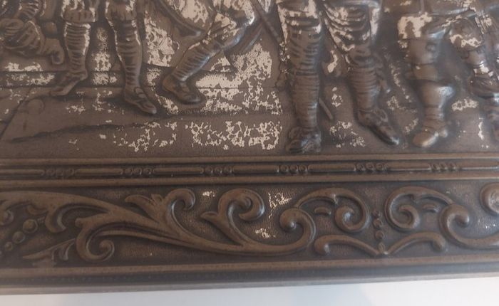 Fabulous Rembrandt's The Night Watch Vintage Hinged Biscuit Tin with a Raised Relief Reproduction of the Famous Painting, Attributed to the Victoria Biscuit Company of Holland