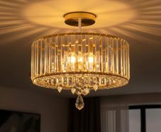 Gold Crystal Ceiling Lights,3-Light Modern LED Chandeliers Fitting,Industrial Crystal Semi Flush Mount Ceiling Lighting for Hallway Living Room Kitchen Bathroom,Dia 36.5cm