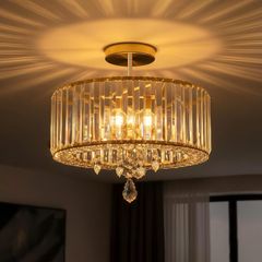 Gold Crystal Ceiling Lights,3-Light Modern LED Chandeliers Fitting,Industrial Crystal Semi Flush Mount Ceiling Lighting for Hallway Living Room Kitchen Bathroom,Dia 36.5cm
