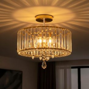 Gold Crystal Ceiling Lights,3-Light Modern LED Chandeliers Fitting,Industrial Crystal Semi Flush Mount Ceiling Lighting for Hallway Living Room Kitchen Bathroom,Dia 36.5cm