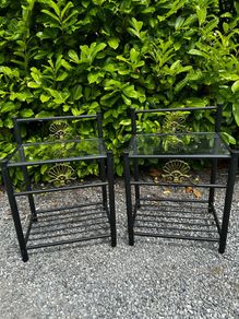 2 Regency Hollywood bedside tables black and gold with a glass top in perfect condition. W530 D409 H750