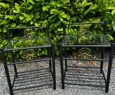 2 Regency Hollywood bedside tables black and gold with a glass top in perfect condition. W530 D409 H750