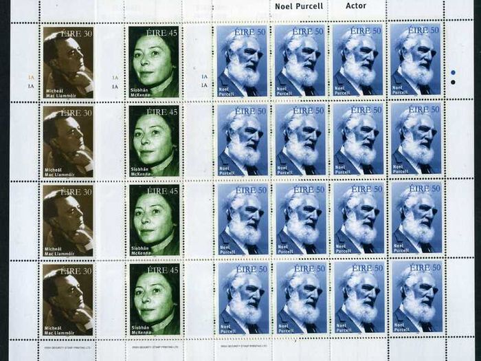 1999 Ireland Irish Actors and Actresses (Michael Mac Liamnoir, Siobhan McKenna & Noel Purcell) Commemorative Stamps Sheetlet Plate 1A1A Mint Never Hinged (MNH)