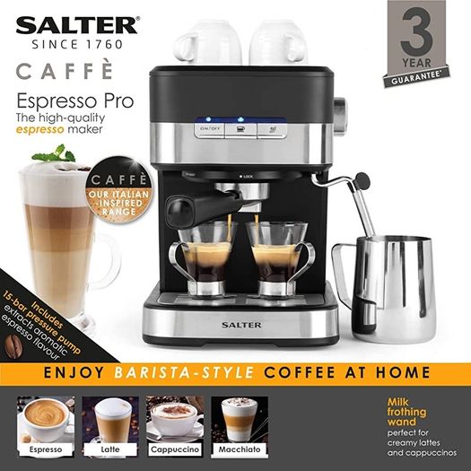 Espresso Pro Maker, 15-Bar Pressure Pump, Barista-Style Coffee/Latte/Cappuccino Machine, Makes 2 Cups at Once, Includes Milk Frothing Wand, Stainless Steel Filter, Black (FREE SHIPPING)