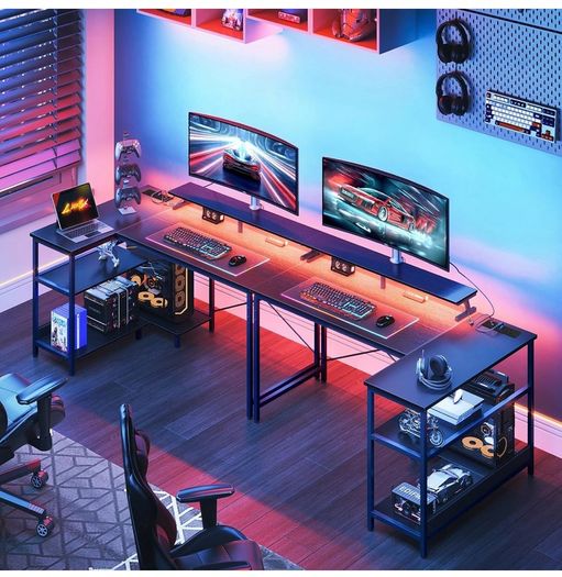 L Shaped Gaming Desk with LED Lights, 120 x 80 cm Computer Desk with Power Outlet