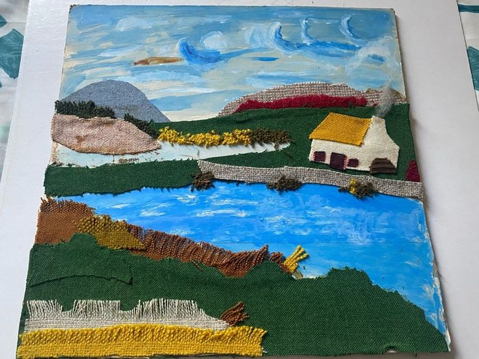 Vintage Upcycled Mixed-Media Textile & Painted Landscape Art unframed