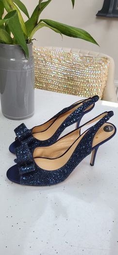 Kate Spade navy glitter bow peep toe sling back heels Sz 42 (Fit 8-8.5UK) - Bnwt - Rrp 360