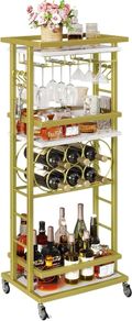 4-Tier Liquor Cabinet with wheels,Wine Rack Freestanding Floor, Bar Cart for Liquor Whiskey Wine,Versatile Wine Bottle Display Shelf,Mini Bar for Home Living Room,White