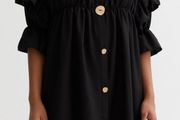BNWT Cameo Rose Black Ruched Button Front Mini Smock Dress, size S