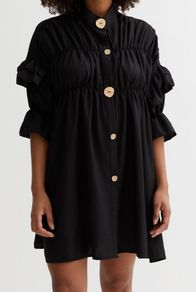 BNWT Cameo Rose Black Ruched Button Front Mini Smock Dress, size S