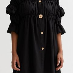 BNWT Cameo Rose Black Ruched Button Front Mini Smock Dress, size S