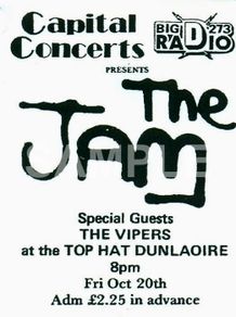 The Jam with The Vipers. Top Hat, Dun Laoghaire. 20 Oct 1978 Concert Poster Reproduction.