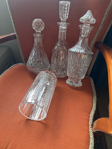 3 waterford glass decanters and 1 Waterford vase