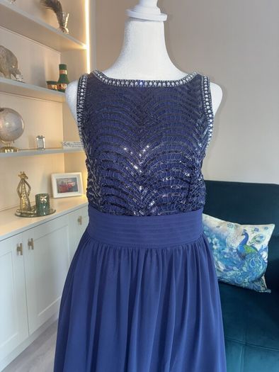 Navy and Silver Sequin Long Dress Size UK 14 / EU 42