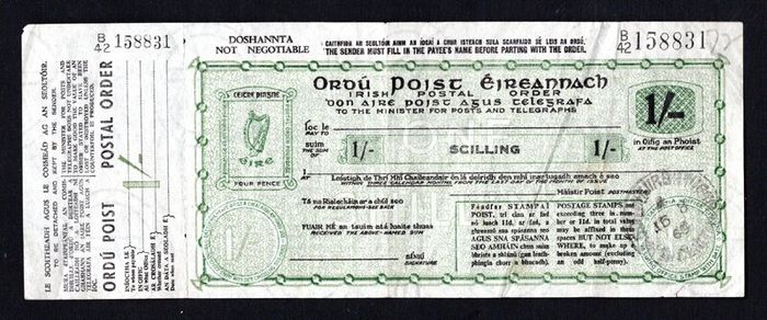 1960s ireland 1 shilling postage order with date of 16th August 1968 (appears 68) with selvage Happy to post at cost.
