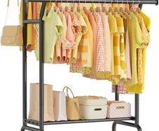 Double Clothes Rail Load 120 KG, Heavy Duty Clothes Rail on Wheels, Protable Clothing Rail with Storage Shelves, Metal Clothing Rack Free Standing for Bedroom, Office, Commercial Store (Black)