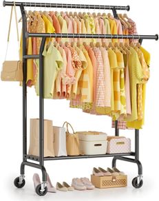 Double Clothes Rail Load 120 KG, Heavy Duty Clothes Rail on Wheels, Protable Clothing Rail with Storage Shelves, Metal Clothing Rack Free Standing for Bedroom, Office, Commercial Store (Black)