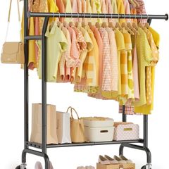 Double Clothes Rail Load 120 KG, Heavy Duty Clothes Rail on Wheels, Protable Clothing Rail with Storage Shelves, Metal Clothing Rack Free Standing for Bedroom, Office, Commercial Store (Black)
