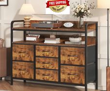 7-Drawer Fabric Chest Of Drawers for Bedroom - 4 Large and 3 Small Drawers with Handles, Storage Organizer with Open Shelf & Sturdy Metal Frame, Ideal for Living Room/Entryway (Rustic Brown)