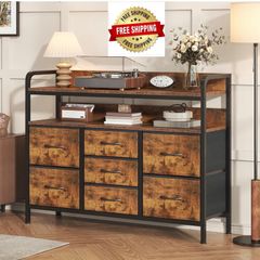 7-Drawer Fabric Chest Of Drawers for Bedroom - 4 Large and 3 Small Drawers with Handles, Storage Organizer with Open Shelf & Sturdy Metal Frame, Ideal for Living Room/Entryway (Rustic Brown)
