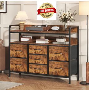 7-Drawer Fabric Chest Of Drawers for Bedroom - 4 Large and 3 Small Drawers with Handles, Storage Organizer with Open Shelf & Sturdy Metal Frame, Ideal for Living Room/Entryway (Rustic Brown)