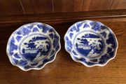 A Pair of Chinese Blue and White Pagoda Print Scalloped Edge 8" Bowls