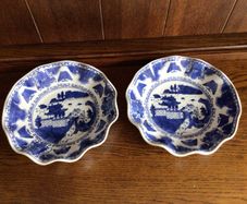 A Pair of Chinese Blue and White Pagoda Print Scalloped Edge 8" Bowls
